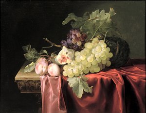 Et stilleben med druer, plommer, fiken og en melon på en delvis drapert steinhylle, 1653